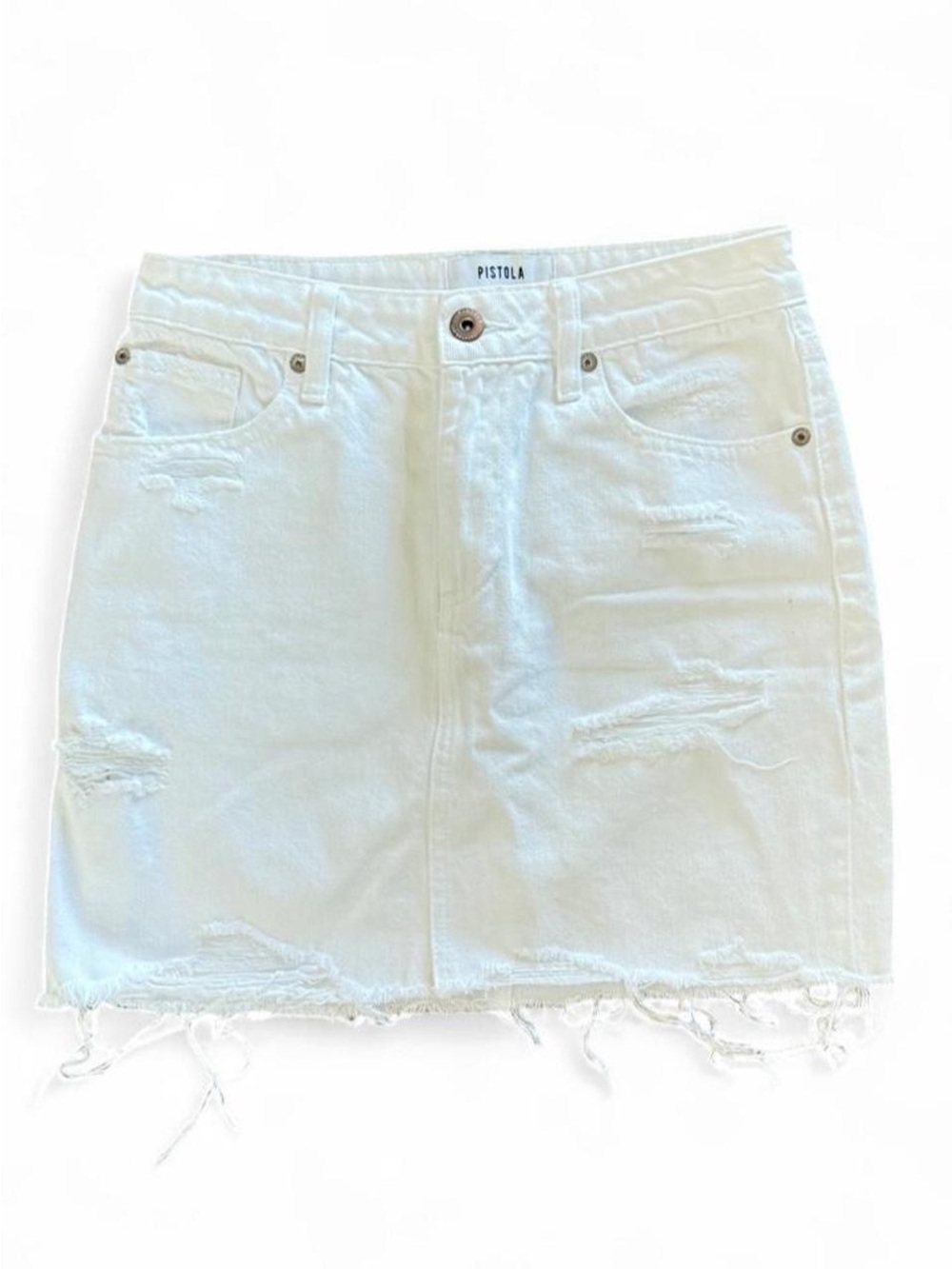 Pistola White Distressed Denim Mini Skirt Raw Hem Size 26